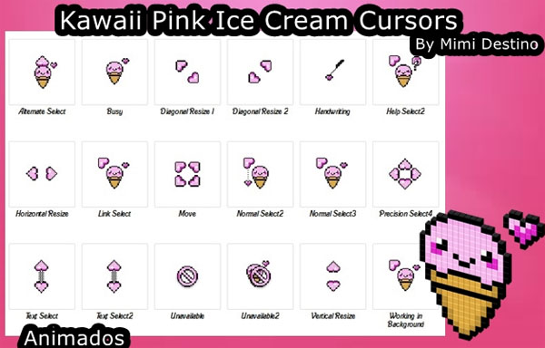 Sweet Cute Kawaii Pink Ice Cream Cursors Set